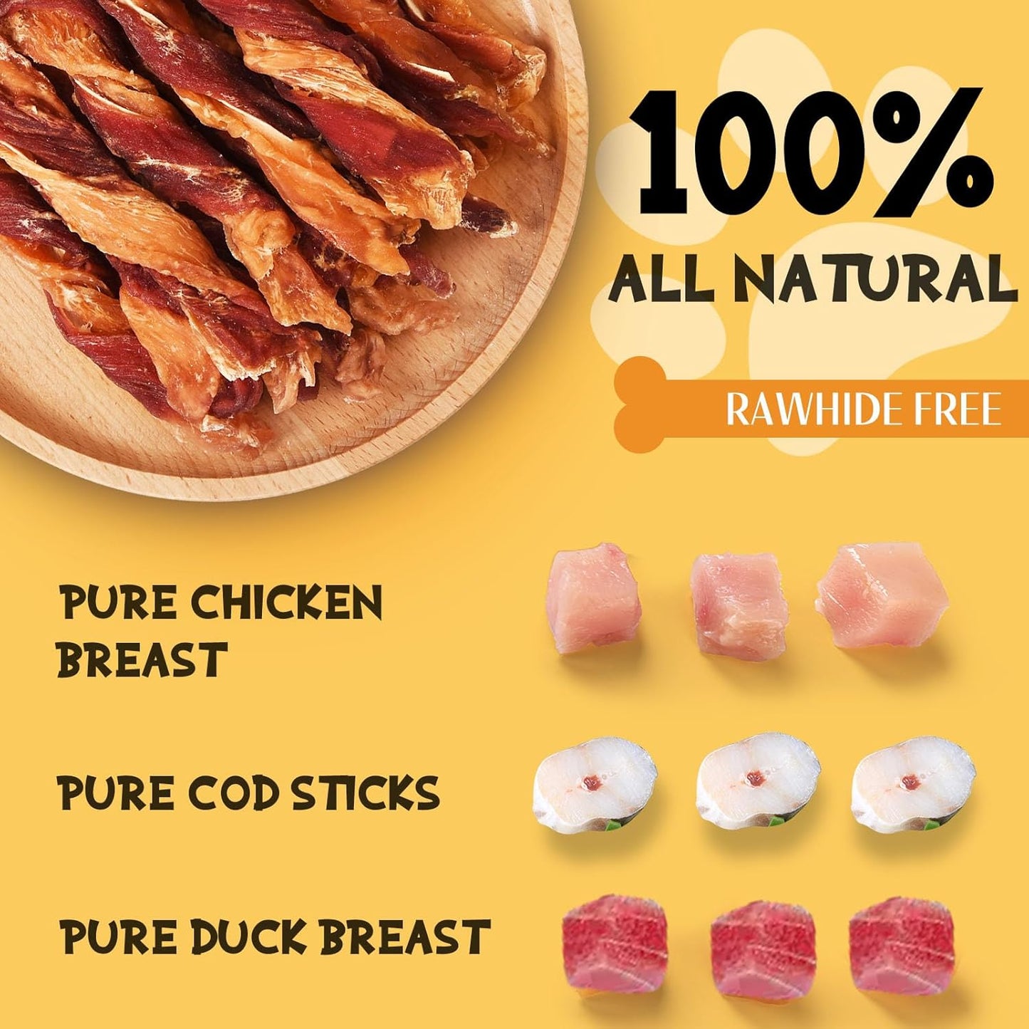 ASMPET Dog Treats - Triple-Flavor Non-Rawhide Chews, Chicken, Fish & Duck, for Small, Medium & Large Dogs