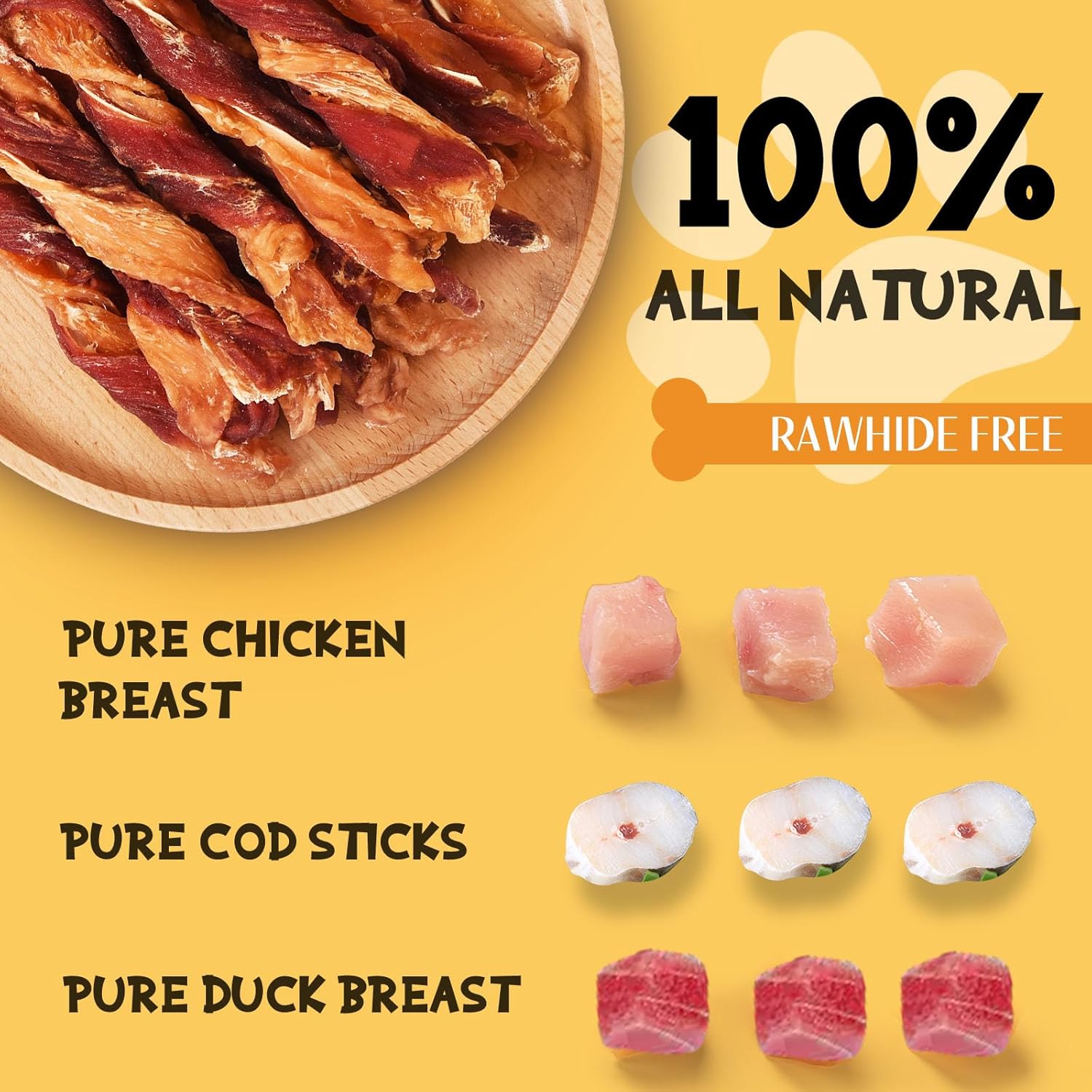 ASMPET Dog Treats - Triple-Flavor Non-Rawhide Chews, Chicken, Fish & Duck, for Small, Medium & Large Dogs