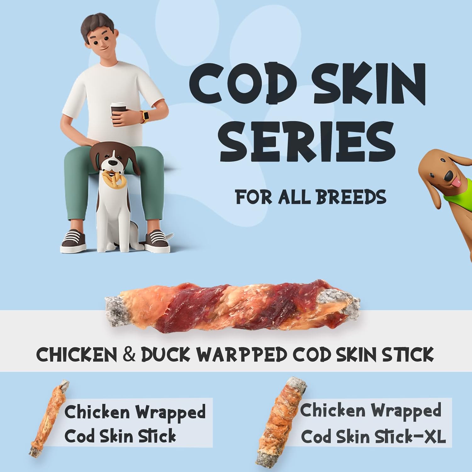 ASMPET Rawhide Free Dog Treats Chicken & Duck Wrapped Cod Skin Stick, Healthy Dog Chew, Training Snacks for Small Medium Large Dogs, 11oz