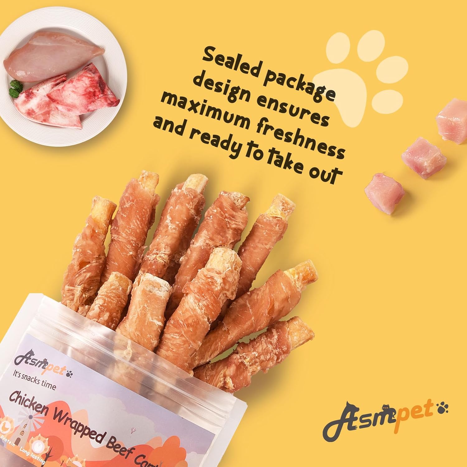 (2 Packs)ASMPET Dog Treats - Chicken Wrapped Beef Cartilage, High Calcium, Non-Rawhide Puppy Chews, Protein-Rich,