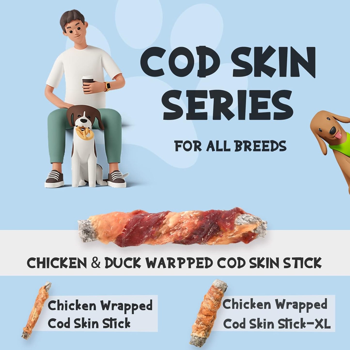 ASMPET Rawhide Free Dog Treats Chicken & Duck Wrapped Cod Skin Stick, Healthy Dog Chew, Training Snacks for Small Medium Large Dogs, 2 Pack 21.2oz
