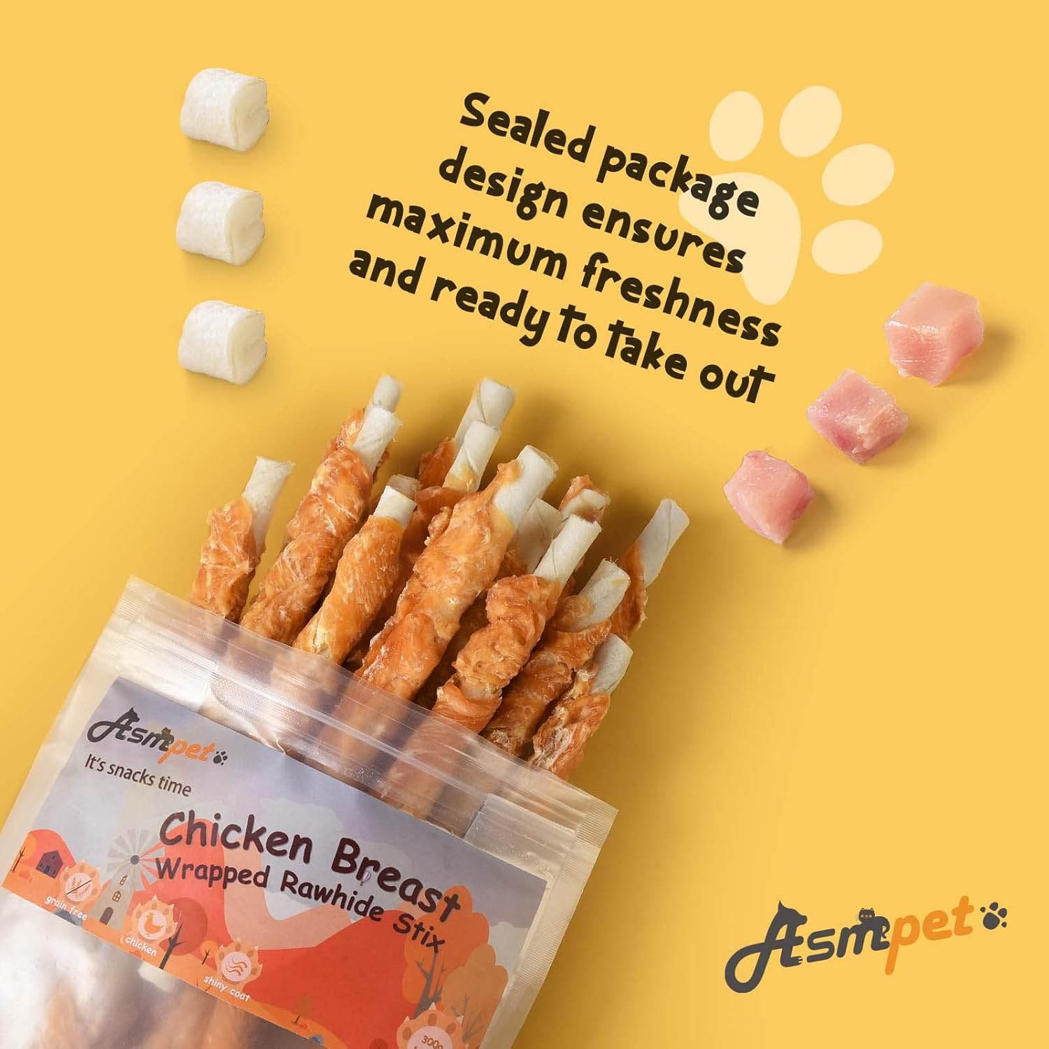 ASMPET Dog Treats - Chicken Wrapped Rawhide Bones, Grain-Free, Teeth Cleaning for Small & Medium Dogs