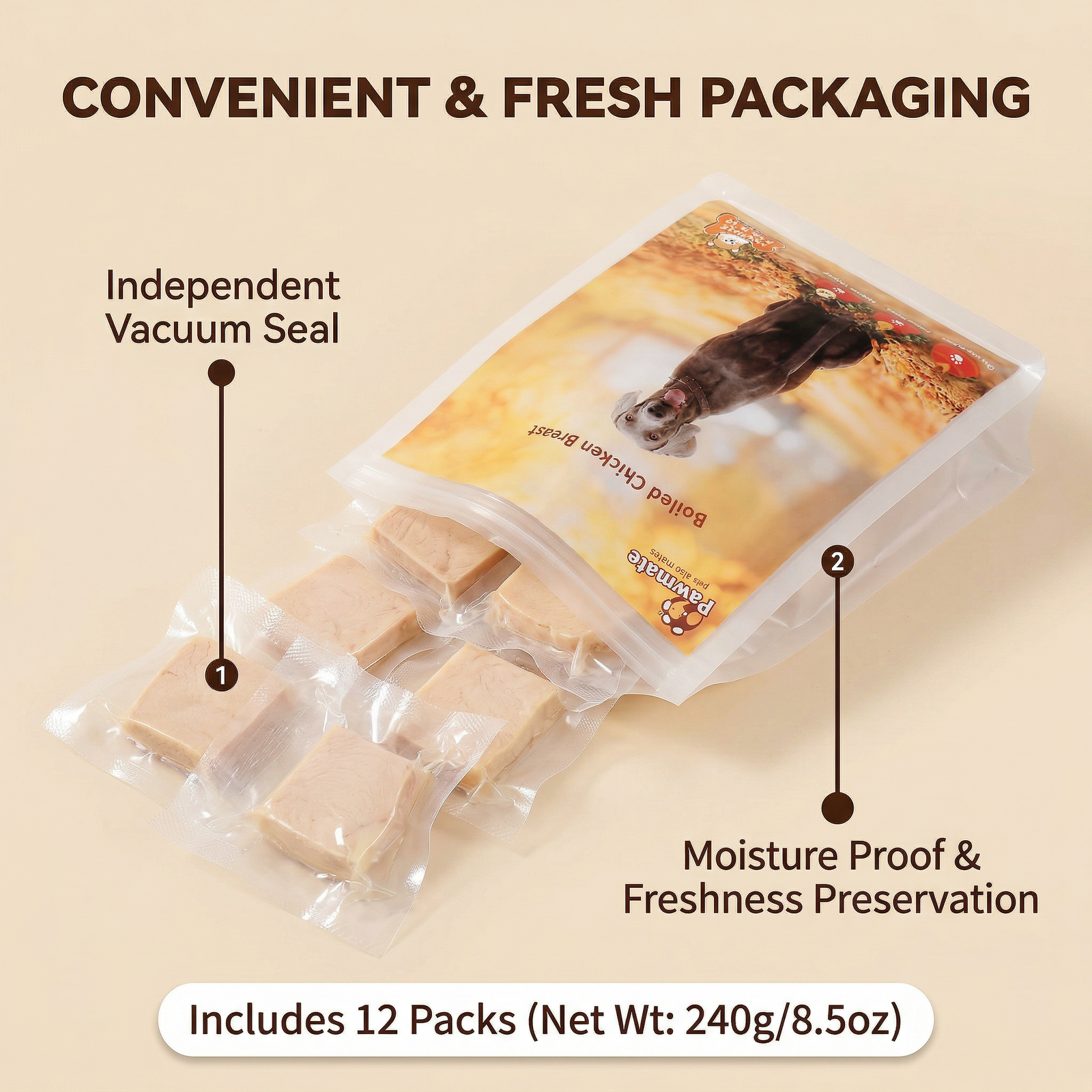 Pawmate Steam-Cooked Chicken Breast Treats for Dogs & Cats - Single Ingredient, High Protein (240g/8.5oz)
