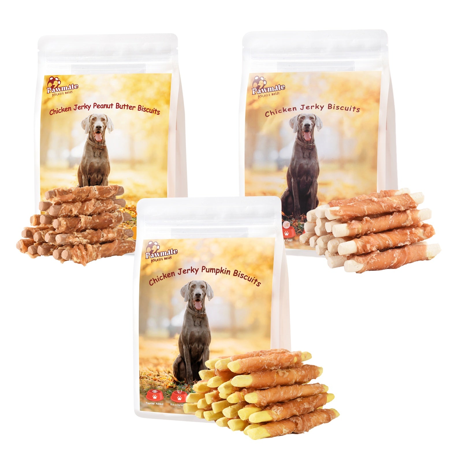 Pawmate Chicken Jerky Wrapped Biscuits Dog Treats Variety Pack, Pumpkin Biscuits, Crunchy Sticks & Peanut Butter Flavor, Natural Snacks for Dogs, 33oz, 3 Pack