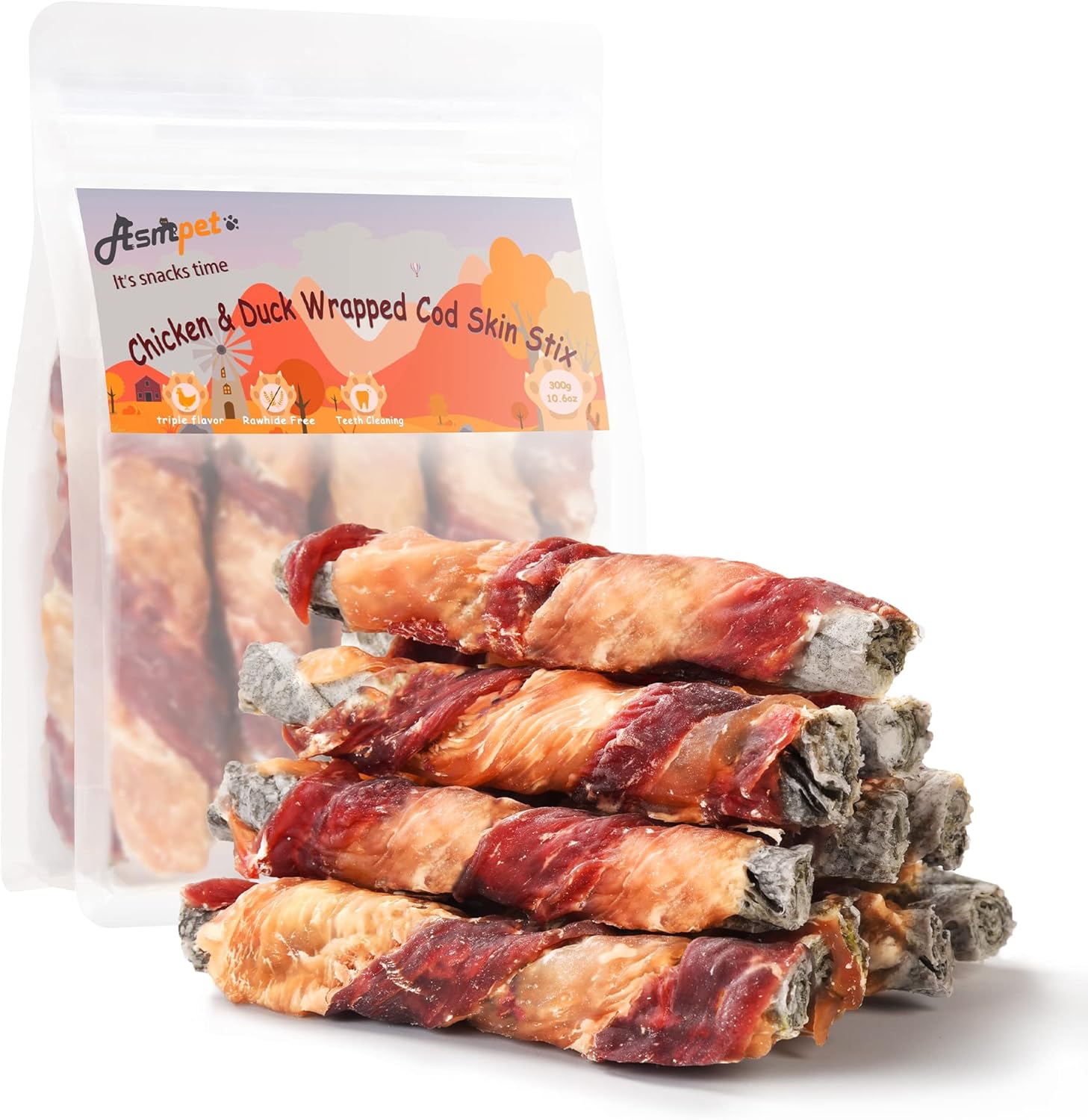 ASMPET Rawhide Free Dog Treats Chicken & Duck Wrapped Cod Skin Stick, Healthy Dog Chew, Training Snacks for Small Medium Large Dogs, 11oz