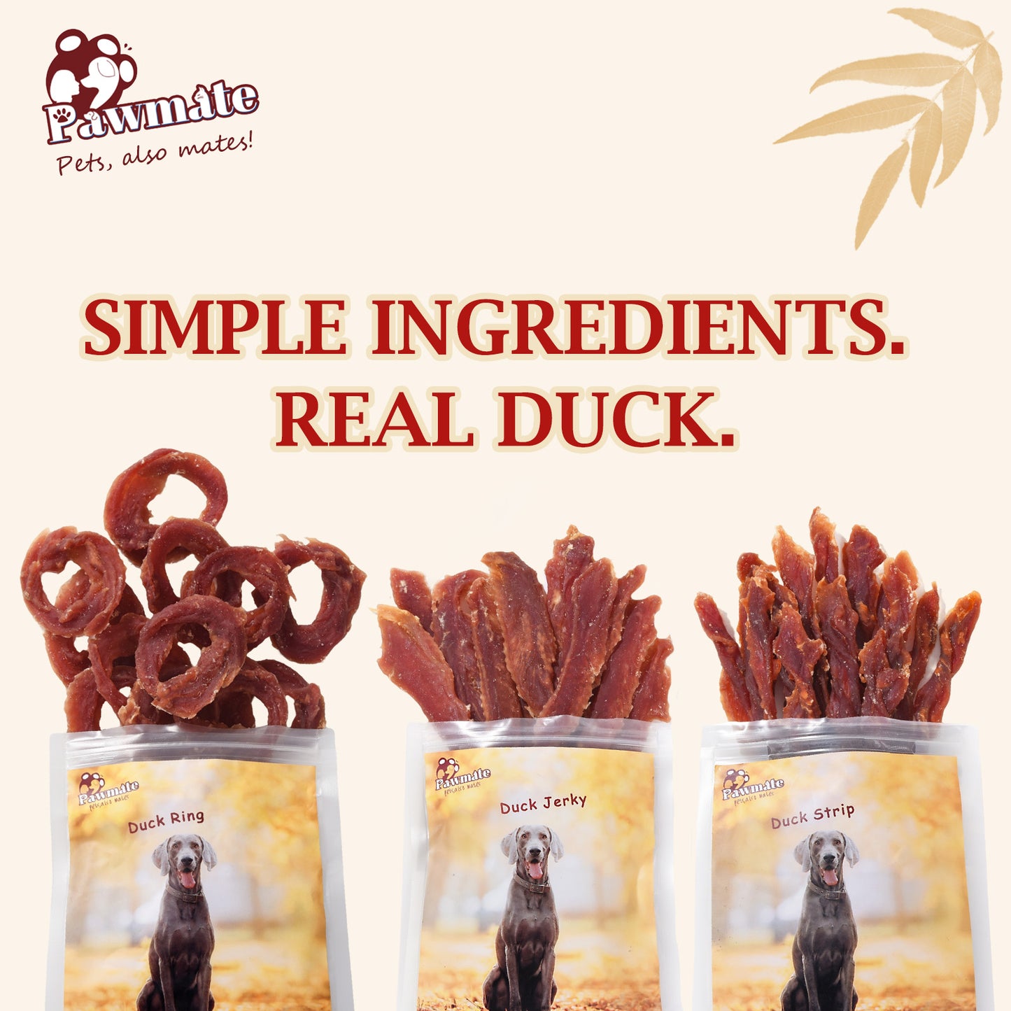 Pawmate Duck Jerky Strips for Dogs, Real Duck Breast, High Protein Natural Dog Treats, Soft & Chewy Training Treats