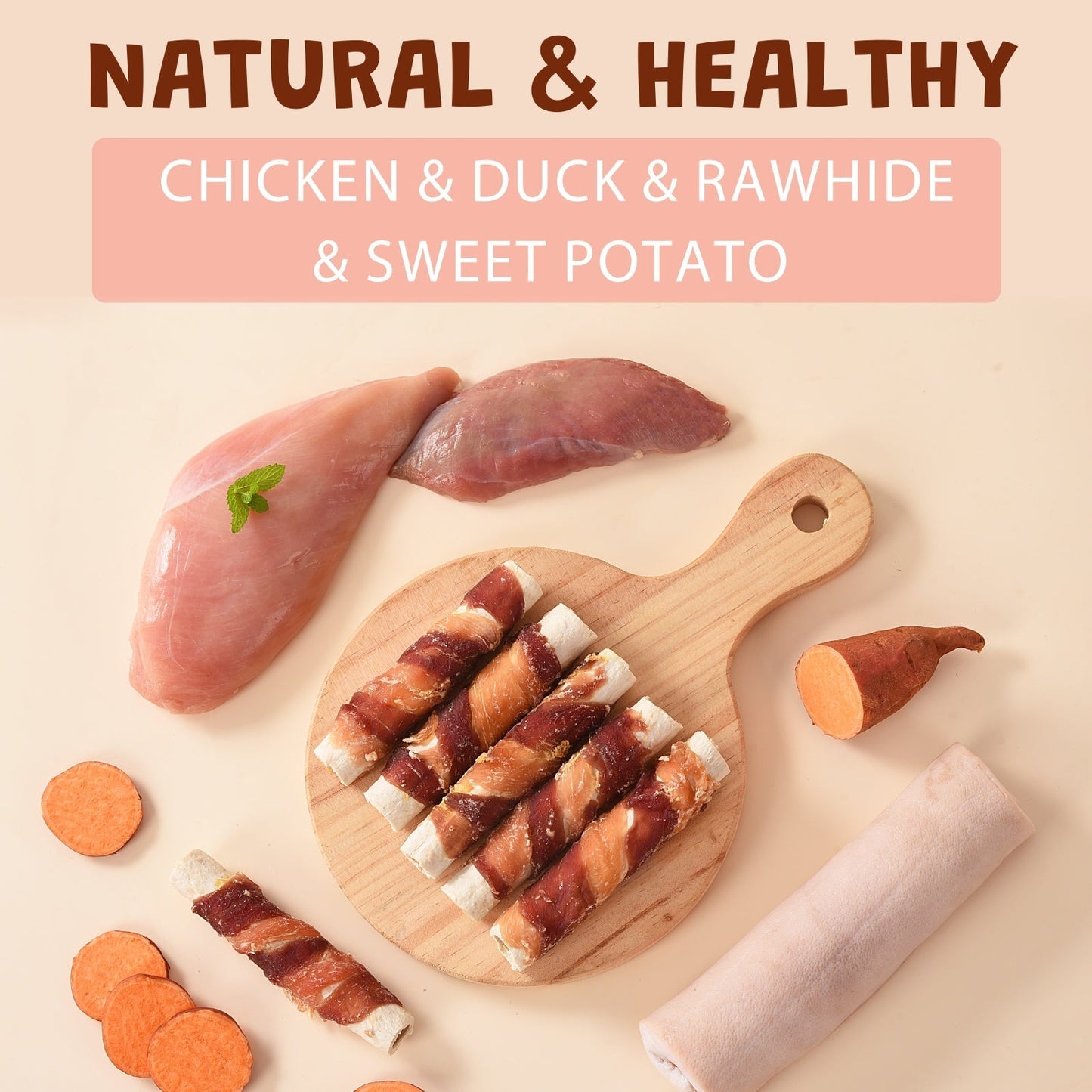 ASMPET Rawhide Dog Treats Chicken & Duck Wrapped Rawhide Sweet Potato Stick, Long Lasting Dog Bone, Teeth Cleaning for Medium Large Dogs, 10.6oz