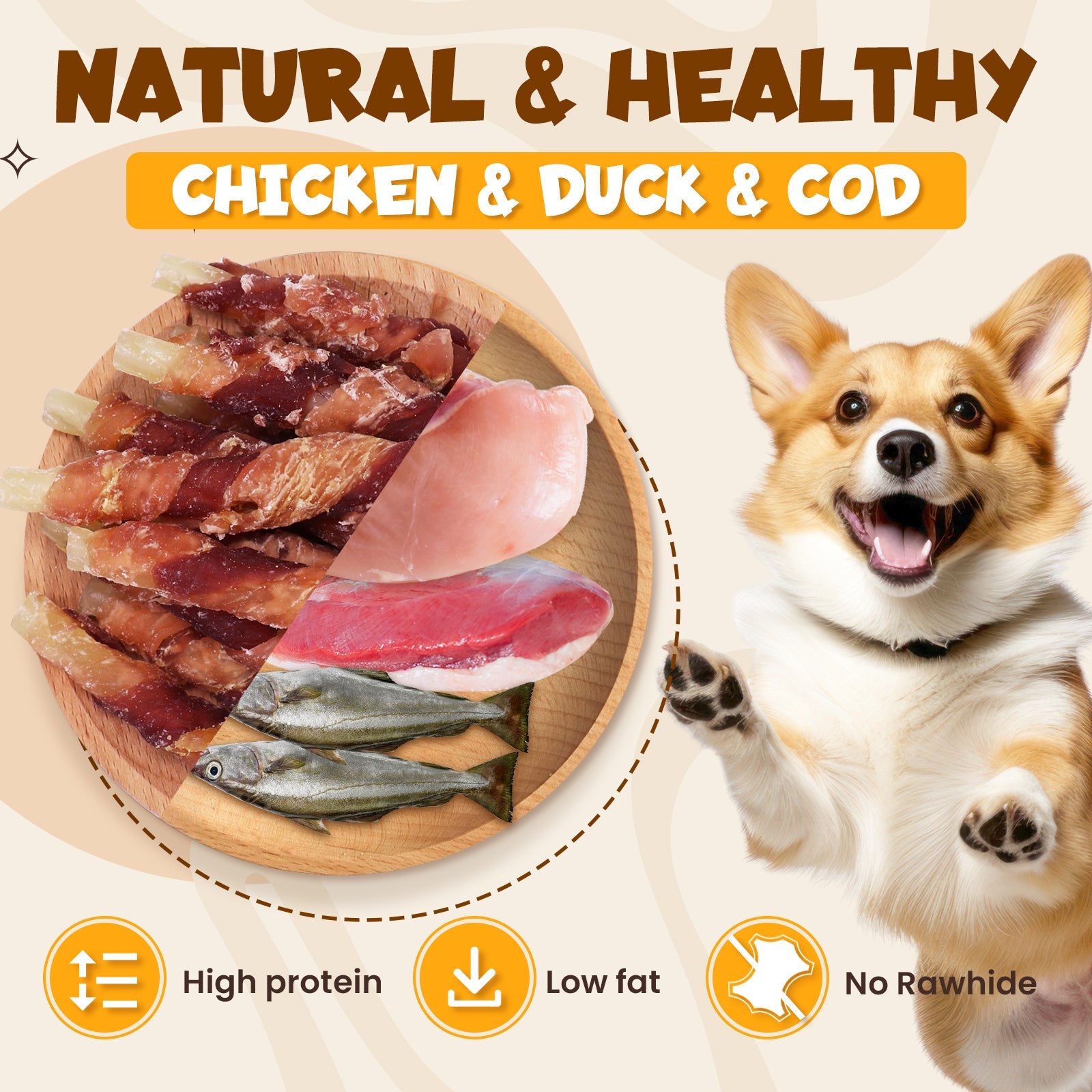 ASMPET Rawhide Free Dog Treats Chicken Jerky & Duck Wrap Cod Sticks, Healthy Treats for Dogs, Soft Chewy Healthy Natural Treats, 15pcs, 11oz