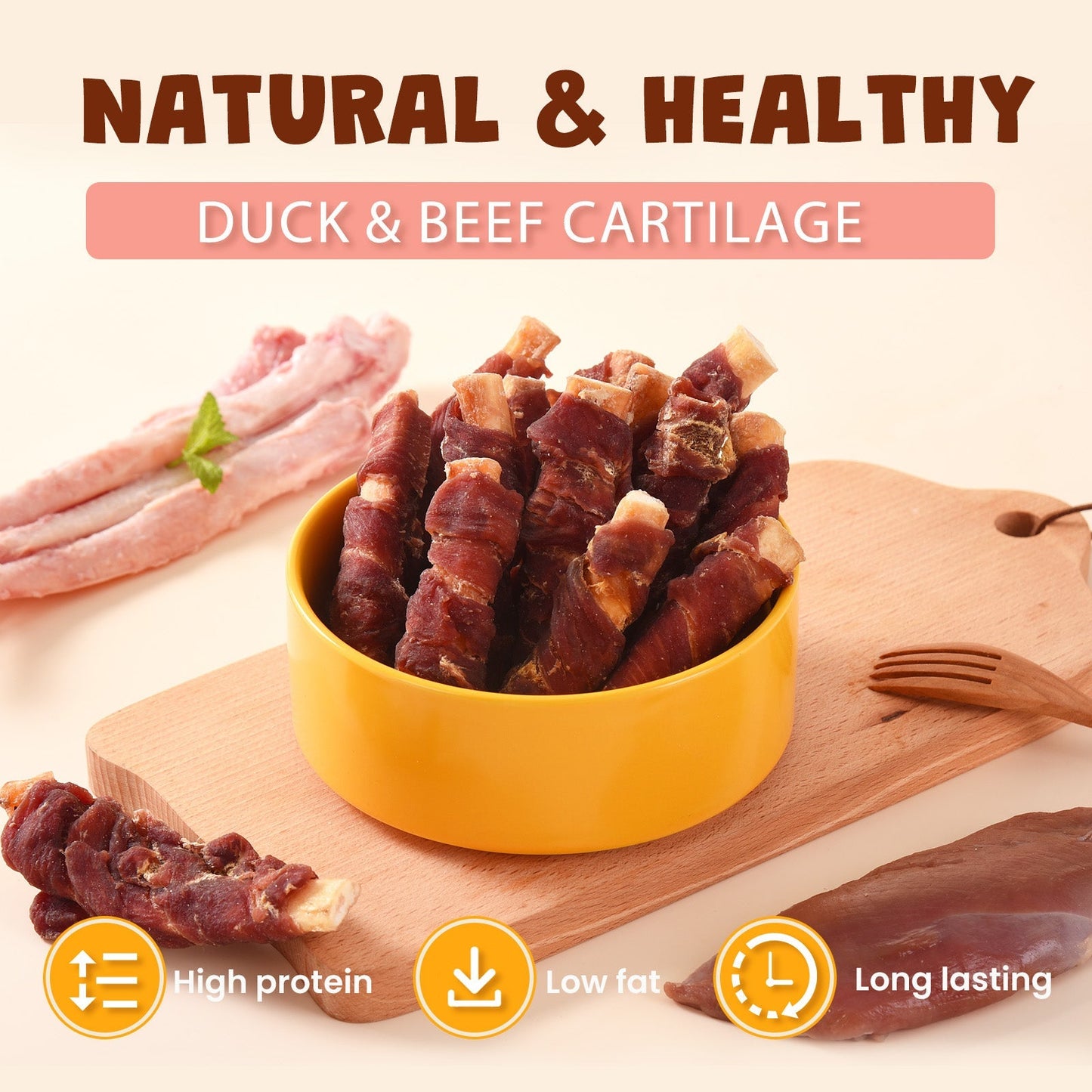 ASMPET Duck Wrapped Beef Cartilage Dog Treats, Long-Lasting Chewy Dog Soft Bone for Small, Medium, Large Dogs (10.6oz, No Rawhide)