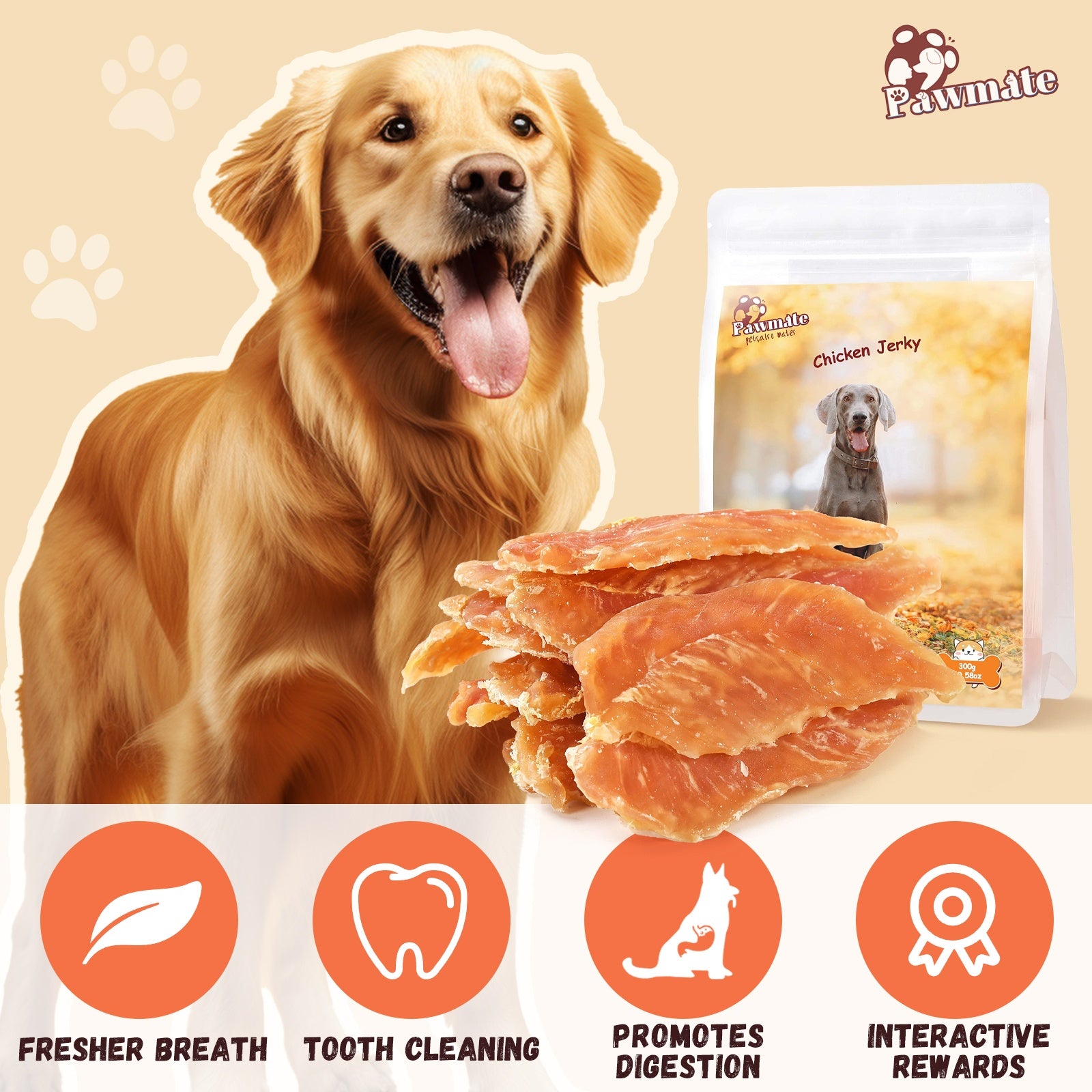 Pawmate Chicken Jerky Dog Treats, High Protein Pure Chicken Snacks for Small Medium Large Dog, 33oz, 3 Pack