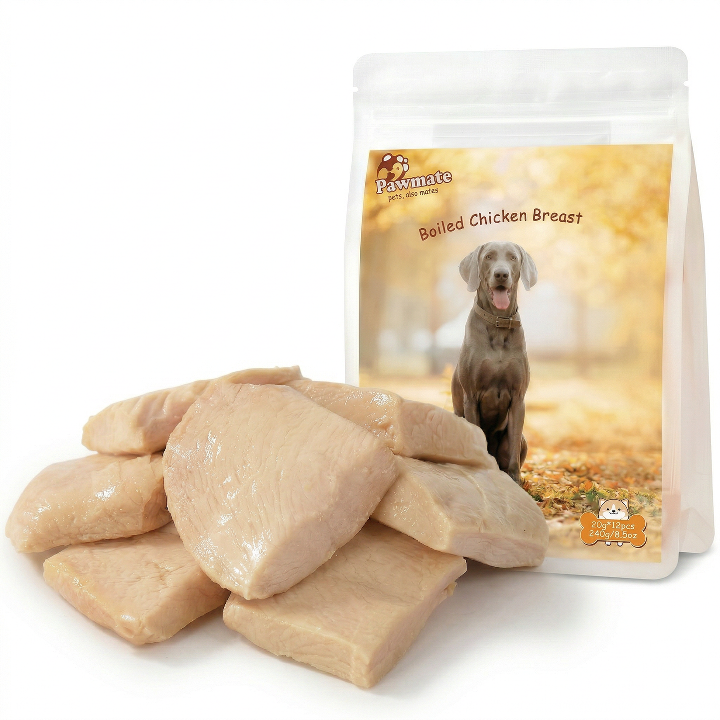 Pawmate Steam-Cooked Chicken Breast Treats for Dogs & Cats - Single Ingredient, High Protein (240g/8.5oz)
