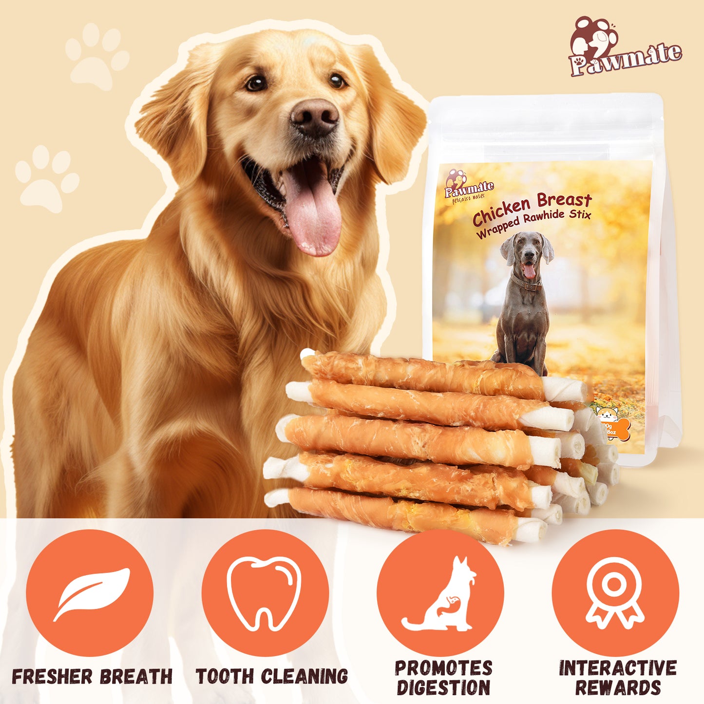 Pawmate Rawhide Dog Treats, Chicken Wrapped Rawhide Sticks, 5 Inch Long Lasting Chewy for All Dogs, 20ct Packet