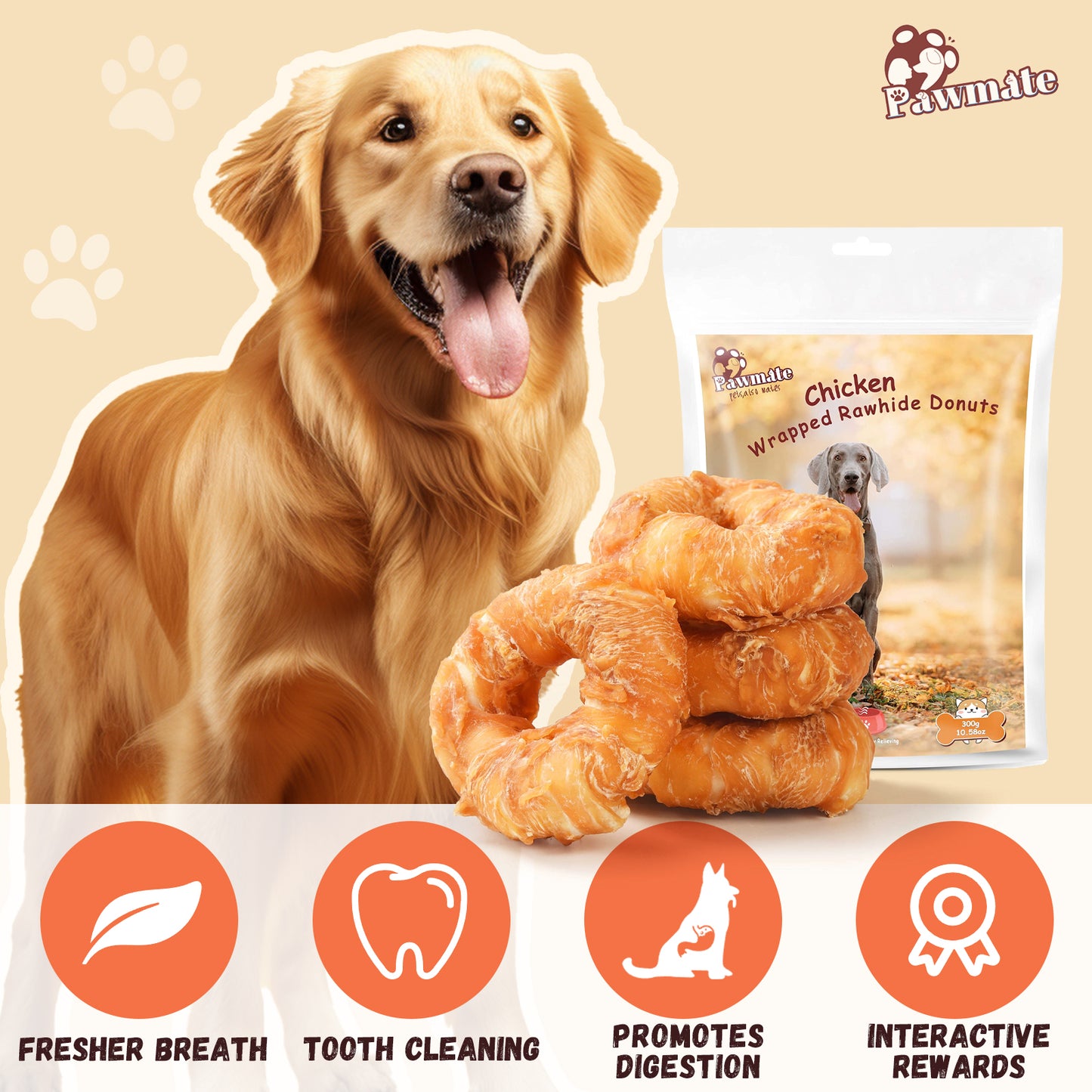 Pawmate Rawhide Dog Treats, Chicken Wrapped Rawhide Donuts, Long Lasting Chews for Medium Large Dogs, 4 Count