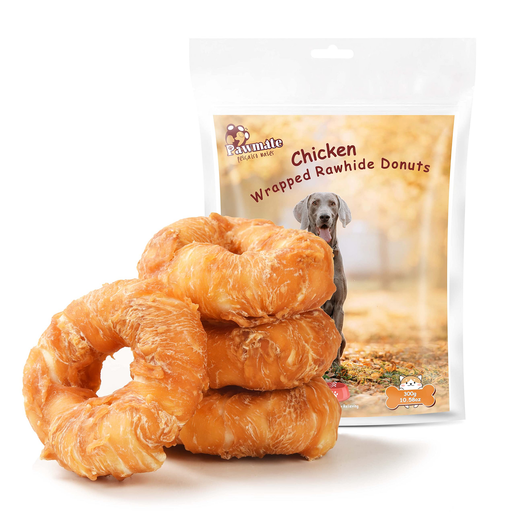 Pawmate Rawhide Dog Treats, Chicken Wrapped Rawhide Donuts, Long Lasting Chews for Medium Large Dogs, 4 Count