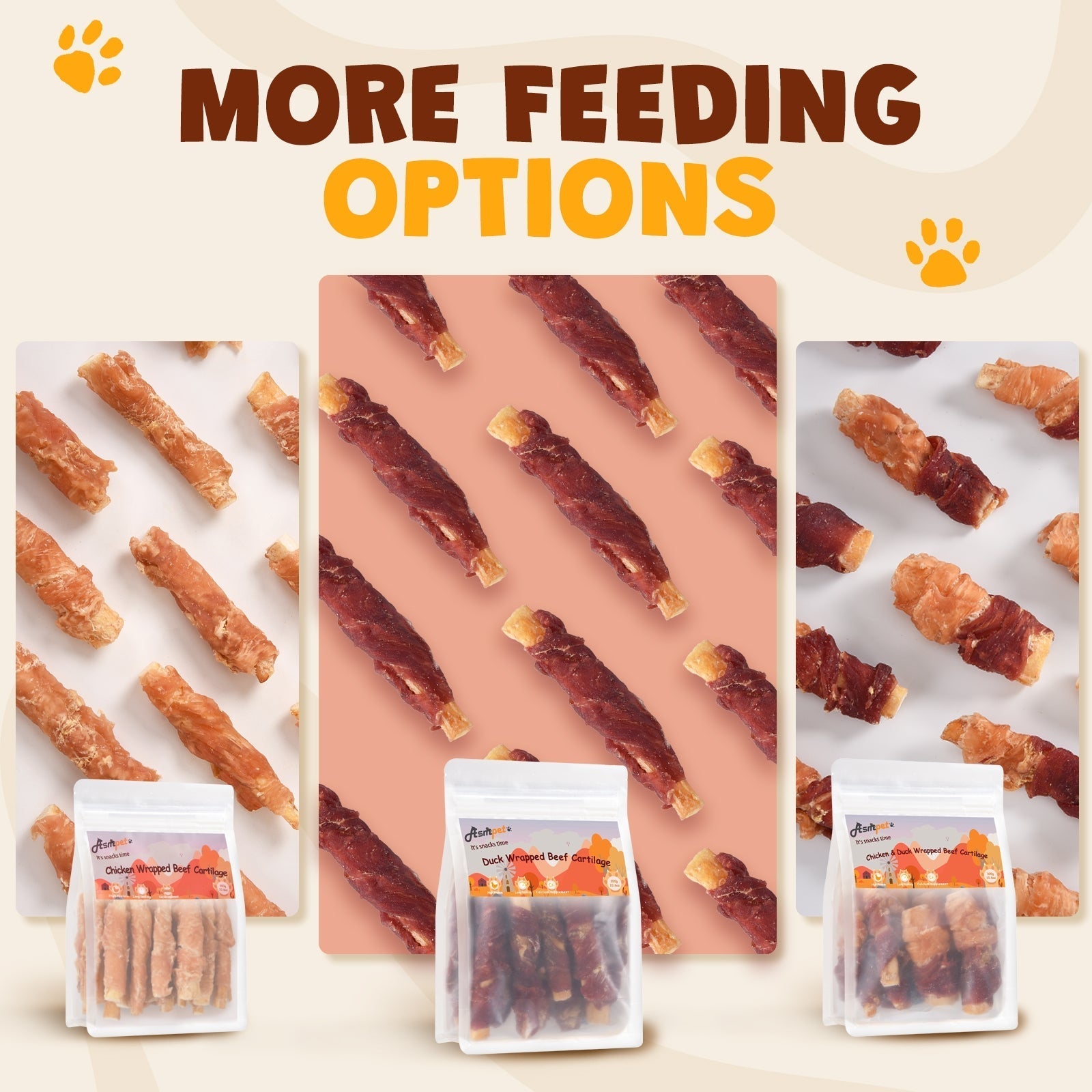 ASMPET Duck Wrapped Beef Cartilage Dog Treats, Long-Lasting Chewy Dog Soft Bone for Small, Medium, Large Dogs (10.6oz, No Rawhide)