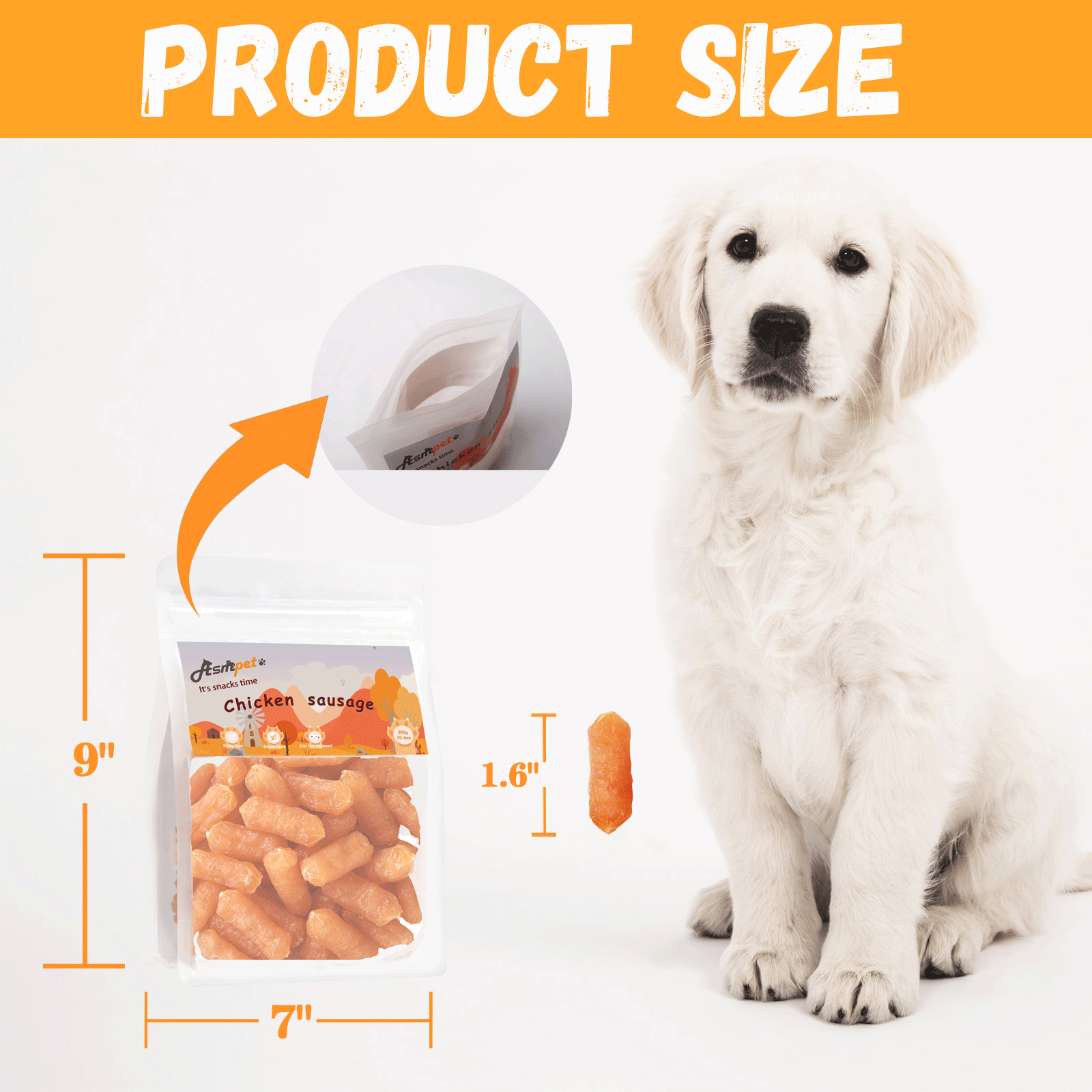 ASMPET Chicken Sausage Dog Treats, Natural Chicken Jerky Training Treats for Dogs with Taurine, Low Fat Soft Chewy Snacks, 11oz